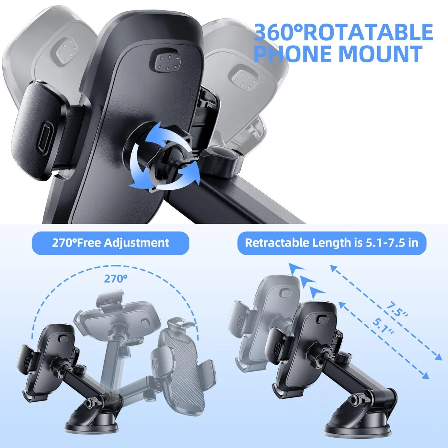 Car Phone Holder - Upgraded 360° Rotatable for Dashboard, Windshield & Air Vent Mount for 4.0"-7.0" Phones (Iphone, Google Pixel, Samsung Galaxy, Motorola, Huawei)